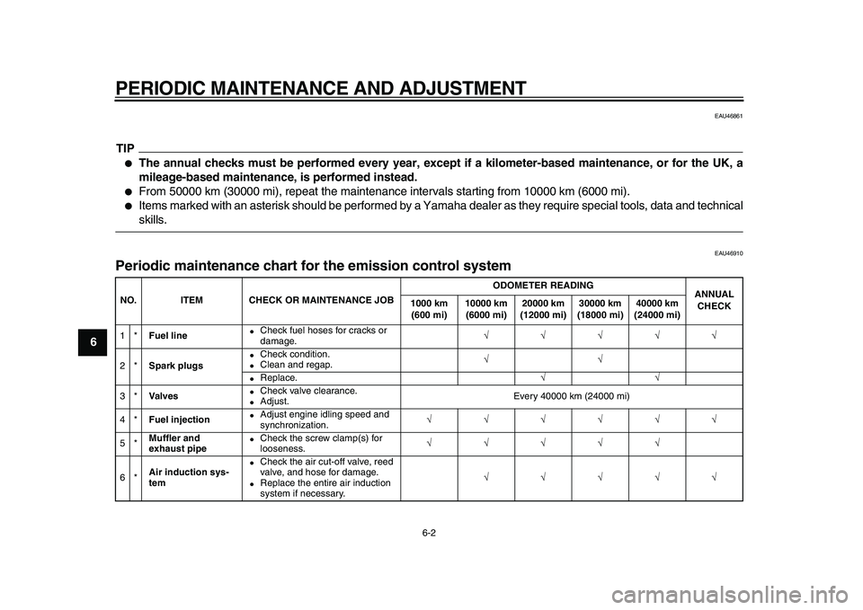 YAMAHA TDM 900 2010 Owners Manual
PERIODIC MAINTENANCE AND ADJUSTMENT
6-2
1
2
3
4
5
6
7
8
9
EAU46861
TIP
The annual checks must be performed every year, except if a kilometer-based maintenance, or for the UK, a
mileage-base YAMAHA TDM 900 2010 Owners Manual
PERIODIC MAINTENANCE AND ADJUSTMENT
6-2
1
2
3
4
5
6
7
8
9
EAU46861
TIP
The annual checks must be performed every year, except if a kilometer-based maintenance, or for the UK, a
mileage-base