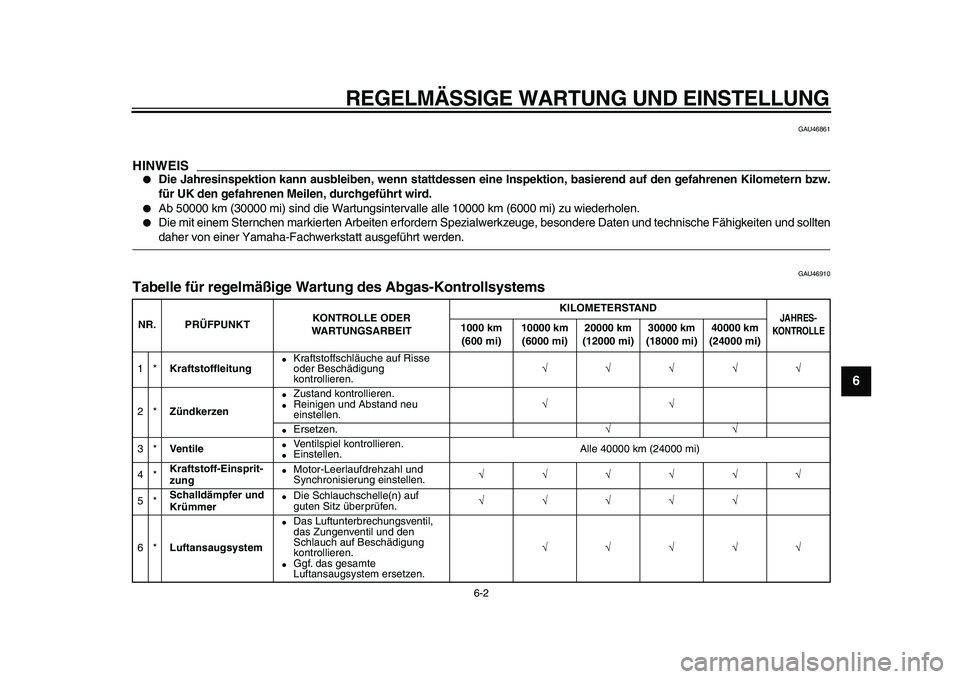 YAMAHA TDM 900 2010 Betriebsanleitungen (in German)
REGELMÄSSIGE WARTUNG UND EINSTELLUNG
6-2
2
3
4
5
67
8
9
GAU46861
HINWEIS
Die Jahresinspektion kann ausbleiben, wenn stattdessen eine Inspektion, basierend auf den gefahrenen Kilometern bzw YAMAHA TDM 900 2010 Betriebsanleitungen (in German)
REGELMÄSSIGE WARTUNG UND EINSTELLUNG
6-2
2
3
4
5
67
8
9
GAU46861
HINWEIS
Die Jahresinspektion kann ausbleiben, wenn stattdessen eine Inspektion, basierend auf den gefahrenen Kilometern bzw