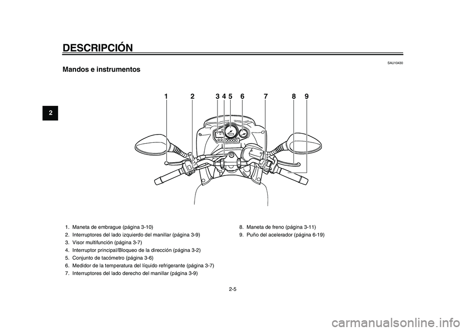 YAMAHA TDM 900 2010  Manuale de Empleo (in Spanish)  
DESCRIPCIÓN 
2-5 
1
2
3
4
5
6
7
8
9
 
SAU10430 
Mandos e instrumentos
1234567 89
 
1. Maneta de embrague (página 3-10)
2. Interruptores del lado izquierdo del manillar (página 3-9)
3. Visor multi