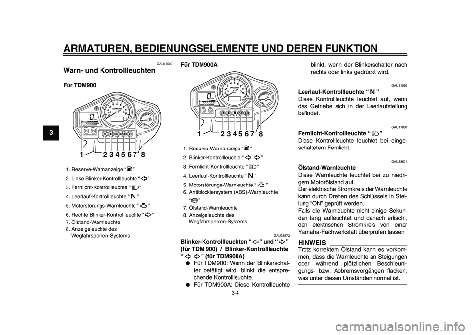 YAMAHA TDM 900 2009  Betriebsanleitungen (in German)  
ARMATUREN, BEDIENUNGSELEMENTE UND DEREN FUNKTION 
3-4 
1
2
3
4
5
6
7
8
9
 
GAU47040 
Warn- und Kontrollleuchten  
Für TDM900Für TDM900A 
GAU38572 
Blinker-Kontrollleuchten “” und “” 
(für