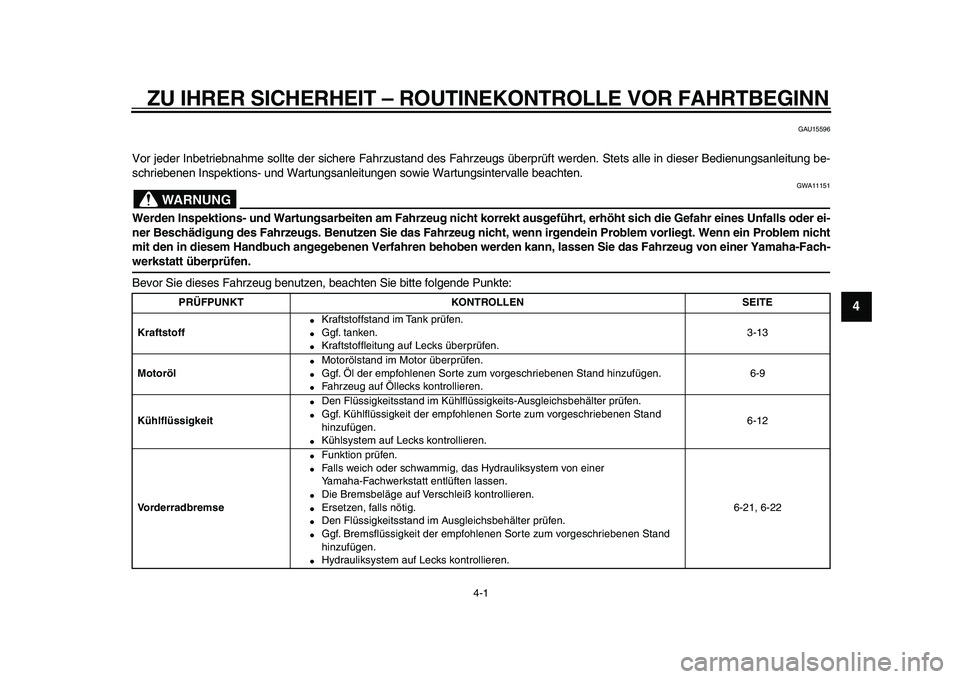 YAMAHA TDM 900 2009 Betriebsanleitungen (in German)
4-1
2
3
45
6
7
8
9
ZU IHRER SICHERHEIT – ROUTINEKONTROLLE VOR FAHRTBEGINN
GAU15596
Vor jeder Inbetriebnahme sollte der sichere Fahrzustand des Fahrzeugs überprüft werden. Stets alle in dies YAMAHA TDM 900 2009 Betriebsanleitungen (in German)
4-1
2
3
45
6
7
8
9
ZU IHRER SICHERHEIT – ROUTINEKONTROLLE VOR FAHRTBEGINN
GAU15596
Vor jeder Inbetriebnahme sollte der sichere Fahrzustand des Fahrzeugs überprüft werden. Stets alle in dies