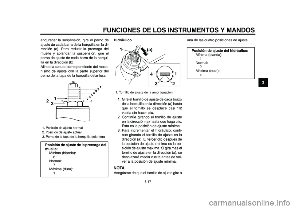 YAMAHA TDM 900 2009 Manuale de Empleo (in Spanish)
FUNCIONES DE LOS INSTRUMENTOS Y MANDOS
3-17
2
34
5
6
7
8
9
endurecer la suspensión, gire el perno de
ajuste de cada barra de la horquilla en la di-
rección (a). Para reducir la precarga del
mu YAMAHA TDM 900 2009 Manuale de Empleo (in Spanish)
FUNCIONES DE LOS INSTRUMENTOS Y MANDOS
3-17
2
34
5
6
7
8
9
endurecer la suspensión, gire el perno de
ajuste de cada barra de la horquilla en la di-
rección (a). Para reducir la precarga del
mu