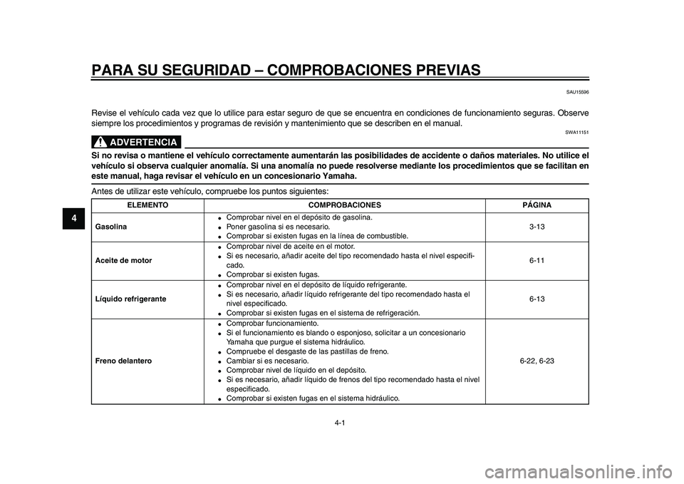 YAMAHA TDM 900 2009 Manuale de Empleo (in Spanish)
4-1
1
2
3
4
5
6
7
8
9
PARA SU SEGURIDAD – COMPROBACIONES PREVIAS
SAU15596
Revise el vehículo cada vez que lo utilice para estar seguro de que se encuentra en condiciones de funcionamiento se YAMAHA TDM 900 2009 Manuale de Empleo (in Spanish)
4-1
1
2
3
4
5
6
7
8
9
PARA SU SEGURIDAD – COMPROBACIONES PREVIAS
SAU15596
Revise el vehículo cada vez que lo utilice para estar seguro de que se encuentra en condiciones de funcionamiento se