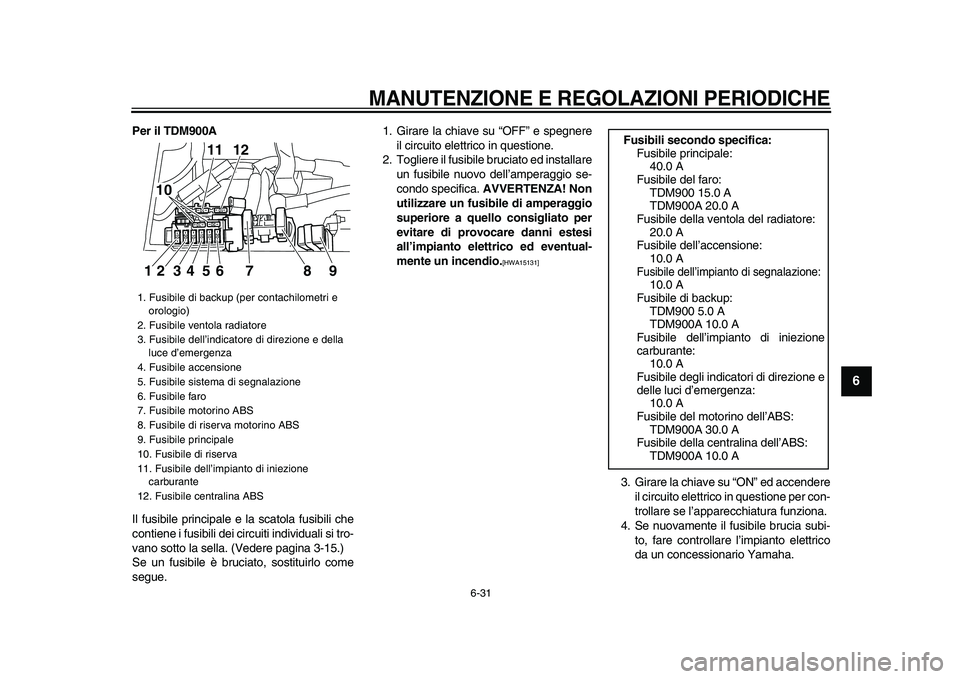 YAMAHA TDM 900 2009  Manuale duso (in Italian)  
MANUTENZIONE E REGOLAZIONI PERIODICHE
 
6-31 
2
3
4
5
67
8
9
 
Per il TDM900A 
Il fusibile principale e la scatola fusibili che
contiene i fusibili dei circuiti individuali si tro-
vano sotto la sel