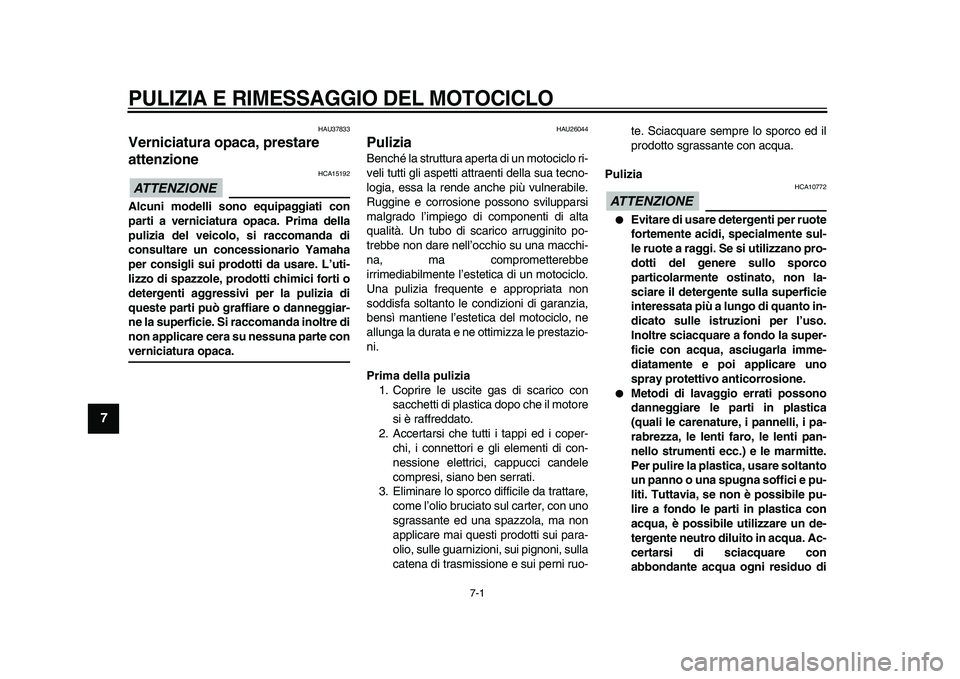 YAMAHA TDM 900 2009  Manuale duso (in Italian)  
7-1 
1
2
3
4
5
6
7
8
9
 
PULIZIA E RIMESSAGGIO DEL MOTOCICLO
 
HAU37833 
Verniciatura opaca, prestare 
attenzione 
ATTENZIONE
 
 HCA15192 
Alcuni modelli sono equipaggiati con
parti a verniciatura o