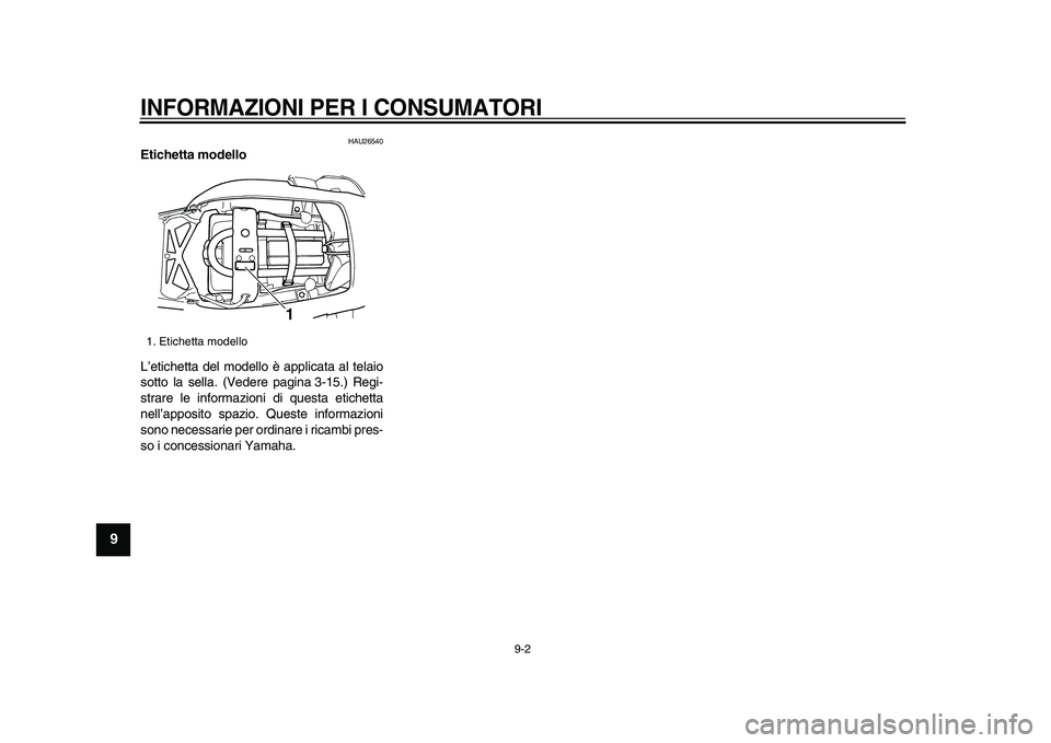 YAMAHA TDM 900 2009  Manuale duso (in Italian)  
INFORMAZIONI PER I CONSUMATORI
 
9-2 
1
2
3
4
5
6
7
8
9
 
HAU26540 
Etichetta modello  
L’etichetta del modello è applicata al telaio
sotto la sella. (Vedere pagina 3-15.) Regi-
strare le informa