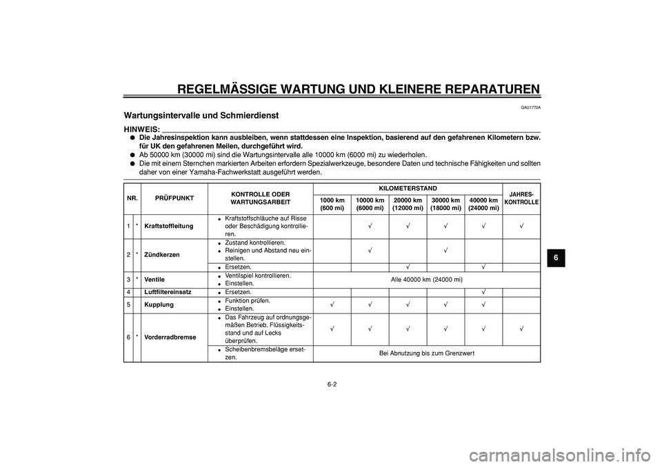 YAMAHA TDM 900 2008 Betriebsanleitungen (in German)
REGELMÄSSIGE WARTUNG UND KLEINERE REPARATUREN
6-2
2
3
4
5
67
8
9
GAU1770A
Wartungsintervalle und Schmierdienst
HINWEIS:
Die Jahresinspektion kann ausbleiben, wenn stattdessen eine Inspek YAMAHA TDM 900 2008 Betriebsanleitungen (in German)
REGELMÄSSIGE WARTUNG UND KLEINERE REPARATUREN
6-2
2
3
4
5
67
8
9
GAU1770A
Wartungsintervalle und Schmierdienst
HINWEIS:
Die Jahresinspektion kann ausbleiben, wenn stattdessen eine Inspek
