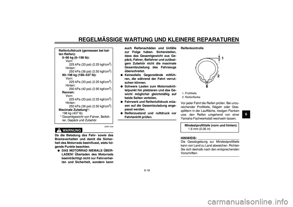 YAMAHA TDM 900 2008 Betriebsanleitungen (in German)
REGELMÄSSIGE WARTUNG UND KLEINERE REPARATUREN
6-18
2
3
4
5
67
8
9
WARNUNG
GWA11020
Da die Beladung das Fahr- sowie das
Bremsverhalten und damit die Sicher-
heit des Motorrads beeinflusst, stet YAMAHA TDM 900 2008 Betriebsanleitungen (in German)
REGELMÄSSIGE WARTUNG UND KLEINERE REPARATUREN
6-18
2
3
4
5
67
8
9
WARNUNG
GWA11020
Da die Beladung das Fahr- sowie das
Bremsverhalten und damit die Sicher-
heit des Motorrads beeinflusst, stet