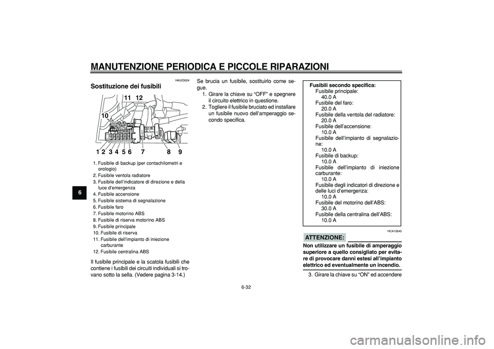 YAMAHA TDM 900 2008 Manuale duso (in Italian)
MANUTENZIONE PERIODICA E PICCOLE RIPARAZIONI
6-32
1
2
3
4
5
6
7
8
9
HAU23624
Sostituzione dei fusibili
Il fusibile principale e la scatola fusibili che
contiene i fusibili dei circuiti indiv YAMAHA TDM 900 2008 Manuale duso (in Italian)
MANUTENZIONE PERIODICA E PICCOLE RIPARAZIONI
6-32
1
2
3
4
5
6
7
8
9
HAU23624
Sostituzione dei fusibili
Il fusibile principale e la scatola fusibili che
contiene i fusibili dei circuiti indiv