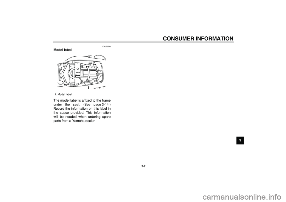YAMAHA TDM 900 2007  Owners Manual  
CONSUMER INFORMATION 
9-2 
2
3
4
5
6
7
8
9
 
EAU26540 
Model label  
The model label is affixed to the frame
under the seat. (See page 3-14.)
Record the information on this label in
the space provid