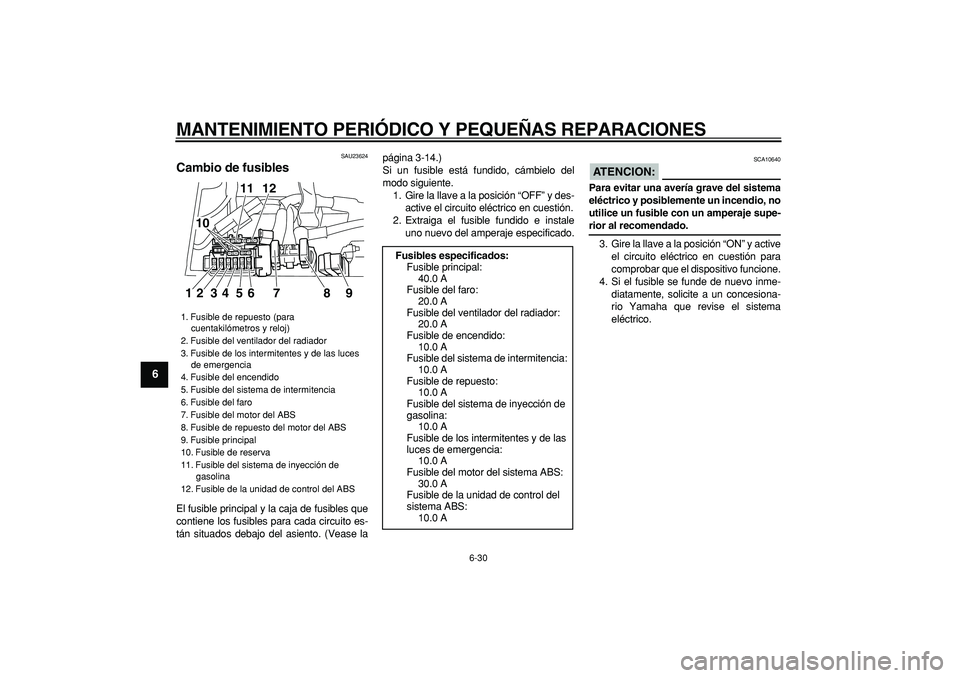 YAMAHA TDM 900 2007 Manuale de Empleo (in Spanish)
MANTENIMIENTO PERIÓDICO Y PEQUEÑAS REPARACIONES
6-30
1
2
3
4
5
6
7
8
9
SAU23624
Cambio de fusibles
El fusible principal y la caja de fusibles que
contiene los fusibles para cada circuito es YAMAHA TDM 900 2007 Manuale de Empleo (in Spanish)
MANTENIMIENTO PERIÓDICO Y PEQUEÑAS REPARACIONES
6-30
1
2
3
4
5
6
7
8
9
SAU23624
Cambio de fusibles
El fusible principal y la caja de fusibles que
contiene los fusibles para cada circuito es