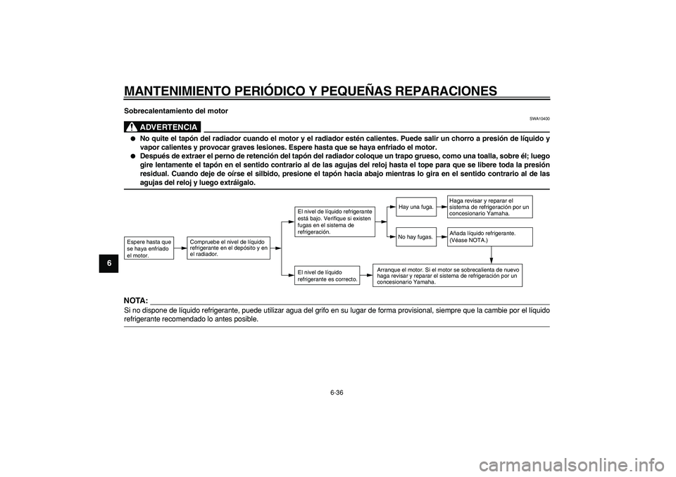 YAMAHA TDM 900 2007 Manuale de Empleo (in Spanish)
MANTENIMIENTO PERIÓDICO Y PEQUEÑAS REPARACIONES
6-36
1
2
3
4
5
6
7
8
9
Sobrecalentamiento del motor
ADVERTENCIA
SWA10400
No quite el tapón del radiador cuando el motor y el radiador est YAMAHA TDM 900 2007 Manuale de Empleo (in Spanish)
MANTENIMIENTO PERIÓDICO Y PEQUEÑAS REPARACIONES
6-36
1
2
3
4
5
6
7
8
9
Sobrecalentamiento del motor
ADVERTENCIA
SWA10400
No quite el tapón del radiador cuando el motor y el radiador est
