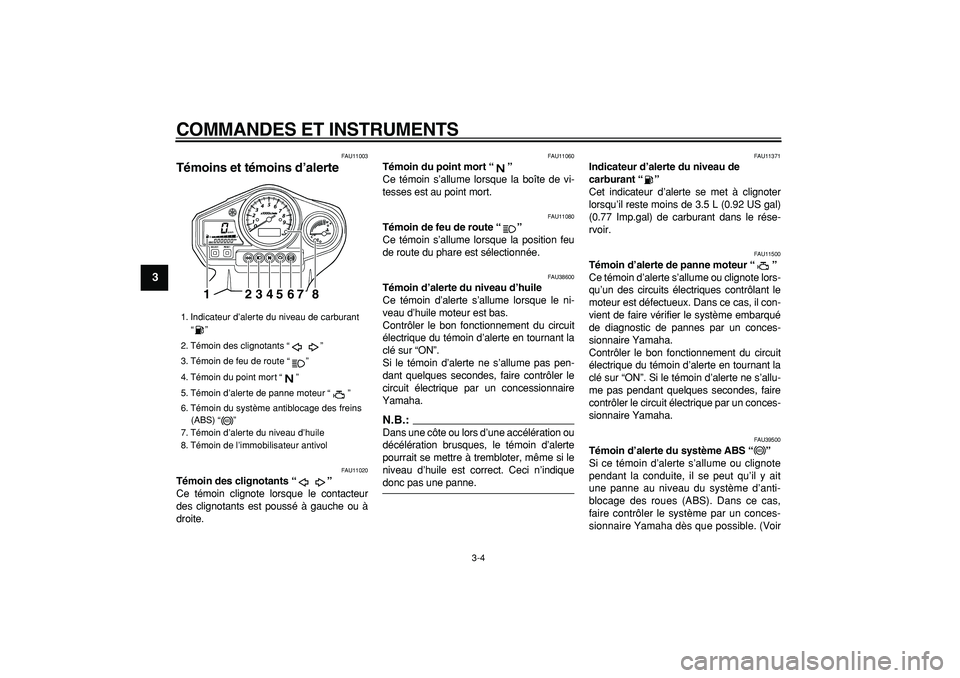 YAMAHA TDM 900 2007 Notices Demploi (in French)
COMMANDES ET INSTRUMENTS
3-4
1
2
3
4
5
6
7
8
9
FAU11003
Témoins et témoins d’alerte
FAU11020
Témoin des clignotants “”
Ce témoin clignote lorsque le contacteur
des clignotants es YAMAHA TDM 900 2007 Notices Demploi (in French)
COMMANDES ET INSTRUMENTS
3-4
1
2
3
4
5
6
7
8
9
FAU11003
Témoins et témoins d’alerte
FAU11020
Témoin des clignotants “”
Ce témoin clignote lorsque le contacteur
des clignotants es