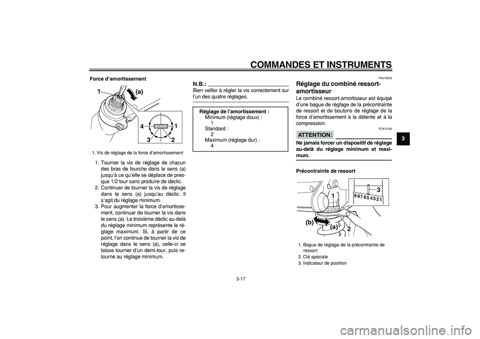 YAMAHA TDM 900 2007  Notices Demploi (in French)  
COMMANDES ET INSTRUMENTS 
3-17 
2
34
5
6
7
8
9
 
Force d’amortissement 
1. Tourner la vis de réglage de chacun
des bras de fourche dans le sens (a)
jusqu’à ce qu’elle se déplace de pres-
qu