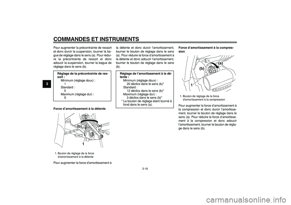 YAMAHA TDM 900 2007  Notices Demploi (in French)  
COMMANDES ET INSTRUMENTS 
3-18 
1
2
3
4
5
6
7
8
9
 
Pour augmenter la précontrainte de ressort
et donc durcir la suspension, tourner la ba-
gue de réglage dans le sens (a). Pour rédui-
re la pré
