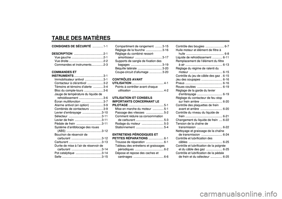 YAMAHA TDM 900 2007 Notices Demploi (in French)
TABLE DES MATIÈRES
CONSIGNES DE SÉCURITÉ
.............1-1
DESCRIPTION
...................................2-1
Vue gauche ......................................2-1
Vue droite ................ YAMAHA TDM 900 2007 Notices Demploi (in French)
TABLE DES MATIÈRES
CONSIGNES DE SÉCURITÉ
.............1-1
DESCRIPTION
...................................2-1
Vue gauche ......................................2-1
Vue droite ................