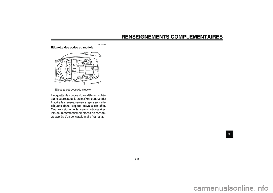YAMAHA TDM 900 2007  Notices Demploi (in French)  
RENSEIGNEMENTS COMPLÉMENTAIRES 
9-2 
2
3
4
5
6
7
8
9
 
FAU26540 
Étiquette des codes du modèle  
L’étiquette des codes du modèle est collée
sur le cadre, sous la selle. (Voir page 3-15.)
Ins