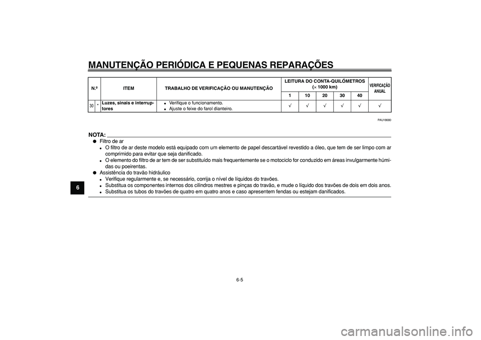 YAMAHA TDM 900 2007  Manual de utilização (in Portuguese)  
MANUTENÇÃO PERIÓDICA E PEQUENAS REPARAÇÕES 
6-5 
1
2
3
4
5
6
7
8
9
 
PAU18680
NOTA:
 
 
Filtro de ar 
 
O filtro de ar deste modelo está equipado com um elemento de papel descartável revest