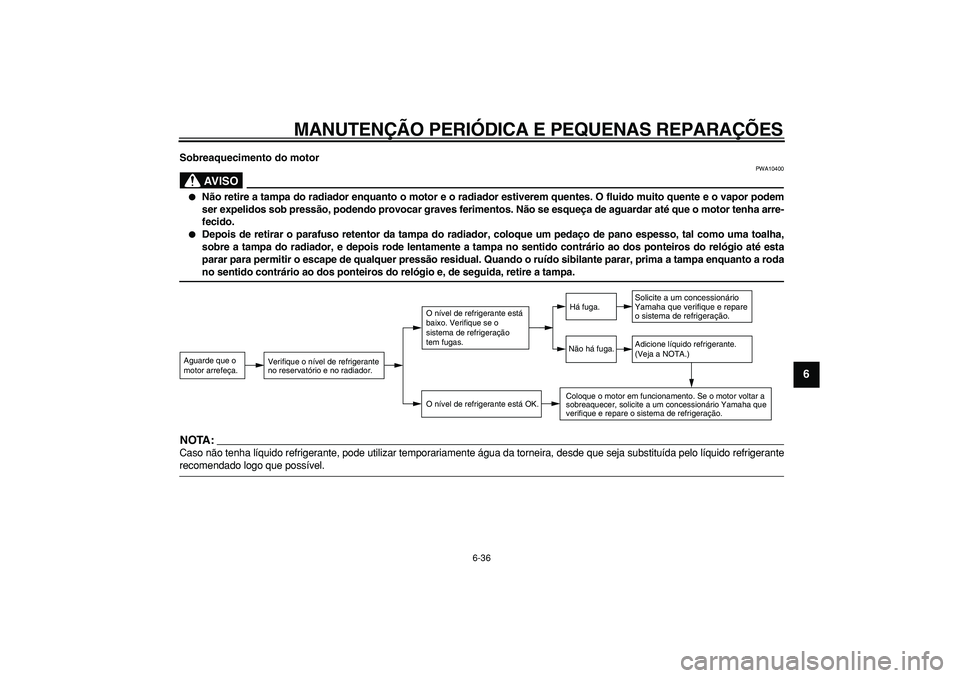 YAMAHA TDM 900 2007  Manual de utilização (in Portuguese)  
MANUTENÇÃO PERIÓDICA E PEQUENAS REPARAÇÕES 
6-36 
2
3
4
5
67
8
9
 
Sobreaquecimento do motor
AVISO
 
PWA10400 
 
Não retire a tampa do radiador enquanto o motor e o radiador estiverem quentes
