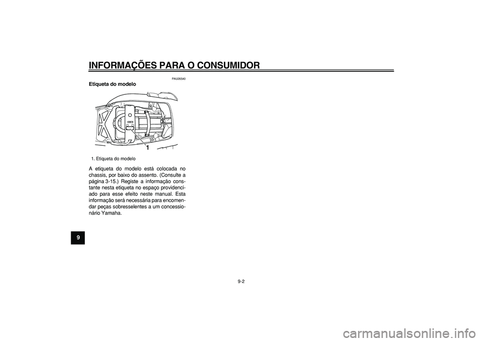 YAMAHA TDM 900 2007  Manual de utilização (in Portuguese)  
INFORMAÇÕES PARA O CONSUMIDOR 
9-2 
1
2
3
4
5
6
7
8
9
 
PAU26540 
Etiqueta do modelo  
A etiqueta do modelo está colocada no
chassis, por baixo do assento. (Consulte a
página 3-15.) Registe a in