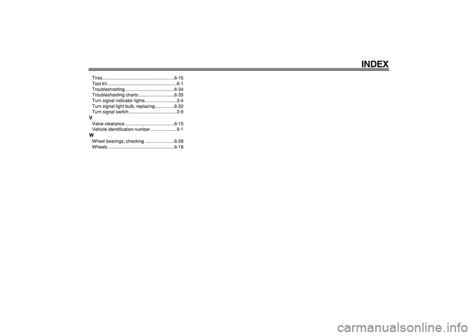 YAMAHA TDM 900 2006  Owners Manual  
INDEX 
Tires .........................................................6-15
Tool kit .......................................................6-1
Troubleshooting .......................................