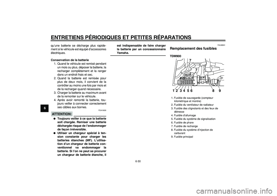YAMAHA TDM 900 2006  Notices Demploi (in French)  
ENTRETIENS PÉRIODIQUES ET PETITES RÉPARATIONS 
6-30 
1
2
3
4
5
6
7
8
9
 
qu’une batterie se décharge plus rapide-
ment si le véhicule est équipé d’accessoires
électriques. 
Conservation d