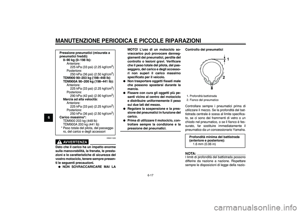 YAMAHA TDM 900 2006 Manuale duso (in Italian)
MANUTENZIONE PERIODICA E PICCOLE RIPARAZIONI
6-17
1
2
3
4
5
6
7
8
9
AVVERTENZA
HWA11020
Dato che il carico ha un impatto enorme
sulla manovrabilità, la frenata, le presta-
zioni e le caratter YAMAHA TDM 900 2006 Manuale duso (in Italian)
MANUTENZIONE PERIODICA E PICCOLE RIPARAZIONI
6-17
1
2
3
4
5
6
7
8
9
AVVERTENZA
HWA11020
Dato che il carico ha un impatto enorme
sulla manovrabilità, la frenata, le presta-
zioni e le caratter
