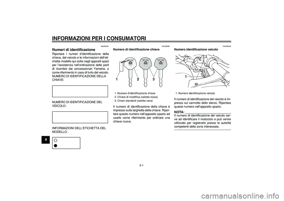 YAMAHA TDM 900 2006  Manuale duso (in Italian)  
9-1 
1
2
3
4
5
6
7
8
9
 
INFORMAZIONI PER I CONSUMATORI
 
HAU26351 
Numeri di identificazione  
Riportare i numeri d’identificazione della
chiave, del veicolo e le informazioni dell’eti-
chetta 