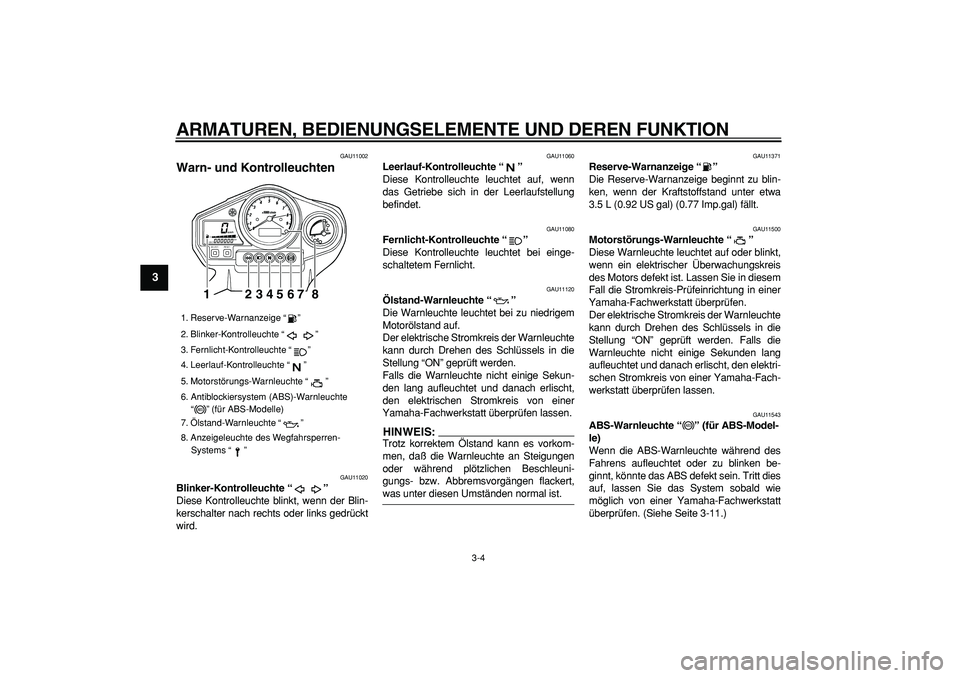 YAMAHA TDM 900 2005 Betriebsanleitungen (in German)
ARMATUREN, BEDIENUNGSELEMENTE UND DEREN FUNKTION
3-4
1
2
3
4
5
6
7
8
9
GAU11002
Warn- und Kontrolleuchten
GAU11020
Blinker-Kontrolleuchte “”
Diese Kontrolleuchte blinkt, wenn der Blin- YAMAHA TDM 900 2005 Betriebsanleitungen (in German)
ARMATUREN, BEDIENUNGSELEMENTE UND DEREN FUNKTION
3-4
1
2
3
4
5
6
7
8
9
GAU11002
Warn- und Kontrolleuchten
GAU11020
Blinker-Kontrolleuchte “”
Diese Kontrolleuchte blinkt, wenn der Blin-