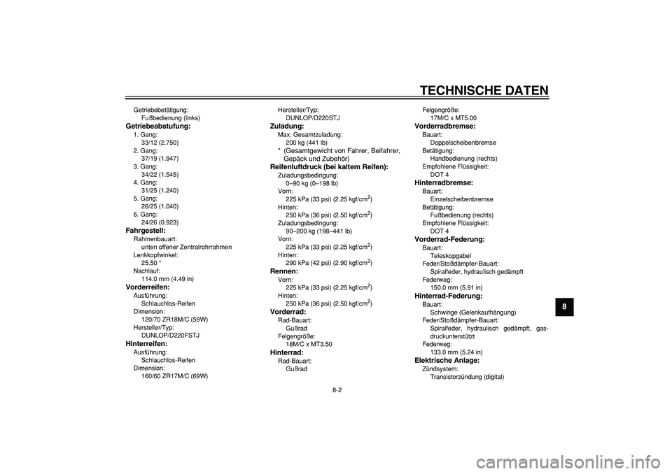 YAMAHA TDM 900 2005 Betriebsanleitungen (in German)
TECHNISCHE DATEN
8-2
2
3
4
5
6
7
89
Getriebebetätigung:
Fußbedienung (links)
Getriebeabstufung:
1. Gang:
33/12 (2.750)
2. Gang:
37/19 (1.947)
3. Gang:
34/22 (1.545)
4. Gang:
31/25 (1.24 YAMAHA TDM 900 2005 Betriebsanleitungen (in German)
TECHNISCHE DATEN
8-2
2
3
4
5
6
7
89
Getriebebetätigung:
Fußbedienung (links)
Getriebeabstufung:
1. Gang:
33/12 (2.750)
2. Gang:
37/19 (1.947)
3. Gang:
34/22 (1.545)
4. Gang:
31/25 (1.24