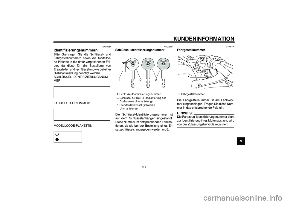 YAMAHA TDM 900 2005 Betriebsanleitungen (in German)
9-1
2
3
4
5
6
7
8
9
KUNDENINFORMATION
GAU26351
Identifizierungsnummern
Bitte übertragen Sie die Schlüssel- und
Fahrgestellnummern sowie die Modellco-
de-Plakette in die dafür vorgesehenen YAMAHA TDM 900 2005 Betriebsanleitungen (in German)
9-1
2
3
4
5
6
7
8
9
KUNDENINFORMATION
GAU26351
Identifizierungsnummern
Bitte übertragen Sie die Schlüssel- und
Fahrgestellnummern sowie die Modellco-
de-Plakette in die dafür vorgesehenen