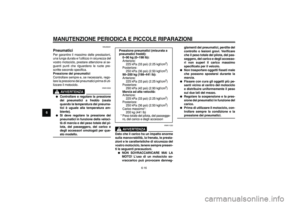 YAMAHA TDM 900 2005 Manuale duso (in Italian)
MANUTENZIONE PERIODICA E PICCOLE RIPARAZIONI
6-16
1
2
3
4
5
6
7
8
9
HAU33041
Pneumatici
Per garantire il massimo delle prestazioni,
una lunga durata e l’utilizzo in sicurezza del
vostro mo YAMAHA TDM 900 2005 Manuale duso (in Italian)
MANUTENZIONE PERIODICA E PICCOLE RIPARAZIONI
6-16
1
2
3
4
5
6
7
8
9
HAU33041
Pneumatici
Per garantire il massimo delle prestazioni,
una lunga durata e l’utilizzo in sicurezza del
vostro mo