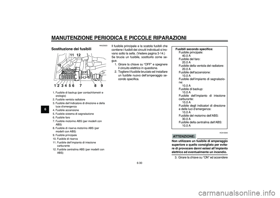 YAMAHA TDM 900 2005 Manuale duso (in Italian)
MANUTENZIONE PERIODICA E PICCOLE RIPARAZIONI
6-30
1
2
3
4
5
6
7
8
9
HAU23623
Sostituzione dei fusibili
Il fusibile principale e la scatola fusibili che
contiene i fusibili dei circuiti indiv YAMAHA TDM 900 2005 Manuale duso (in Italian)
MANUTENZIONE PERIODICA E PICCOLE RIPARAZIONI
6-30
1
2
3
4
5
6
7
8
9
HAU23623
Sostituzione dei fusibili
Il fusibile principale e la scatola fusibili che
contiene i fusibili dei circuiti indiv