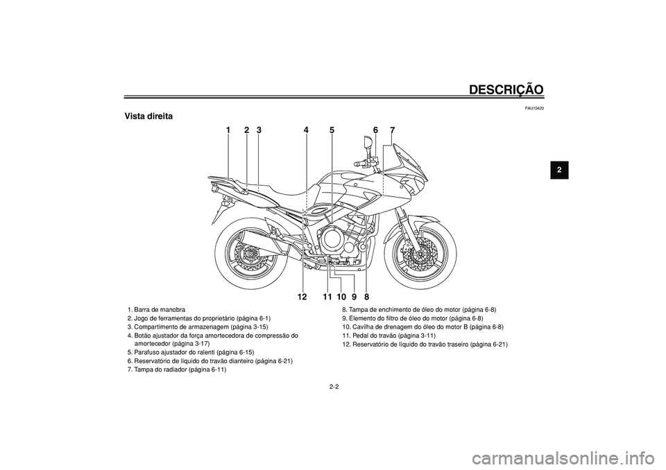YAMAHA TDM 900 2005  Manual de utilização (in Portuguese)  
DESCRIÇÃO 
2-2 
2
3
4
5
6
7
8
9
 
PAU10420 
Vista direita
1
56
7
8 9 10 11 12
23 4
 
1. Barra de manobra
2. Jogo de ferramentas do proprietário (página 6-1)
3. Compartimento de armazenagem (pág