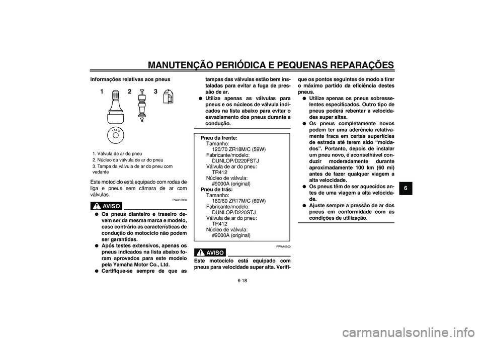 YAMAHA TDM 900 2005 Manual de utilização (in Portuguese)
MANUTENÇÃO PERIÓDICA E PEQUENAS REPARAÇÕES
6-18
2
3
4
5
67
8
9
Informações relativas aos pneus
Este motociclo está equipado com rodas de
liga e pneus sem câmara de ar com
válvulas.
AV YAMAHA TDM 900 2005 Manual de utilização (in Portuguese)
MANUTENÇÃO PERIÓDICA E PEQUENAS REPARAÇÕES
6-18
2
3
4
5
67
8
9
Informações relativas aos pneus
Este motociclo está equipado com rodas de
liga e pneus sem câmara de ar com
válvulas.
AV