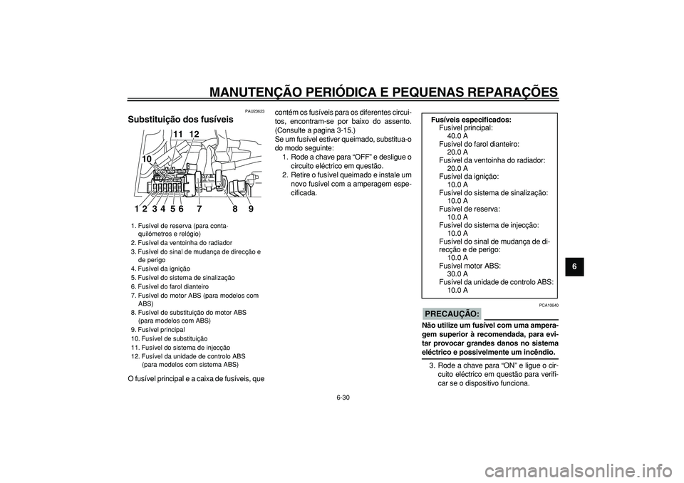 YAMAHA TDM 900 2005 Manual de utilização (in Portuguese)
MANUTENÇÃO PERIÓDICA E PEQUENAS REPARAÇÕES
6-30
2
3
4
5
67
8
9
PAU23623
Substituição dos fusíveis
O fusível principal e a caixa de fusíveis, quecontém os fusíveis para os diferent YAMAHA TDM 900 2005 Manual de utilização (in Portuguese)
MANUTENÇÃO PERIÓDICA E PEQUENAS REPARAÇÕES
6-30
2
3
4
5
67
8
9
PAU23623
Substituição dos fusíveis
O fusível principal e a caixa de fusíveis, quecontém os fusíveis para os diferent