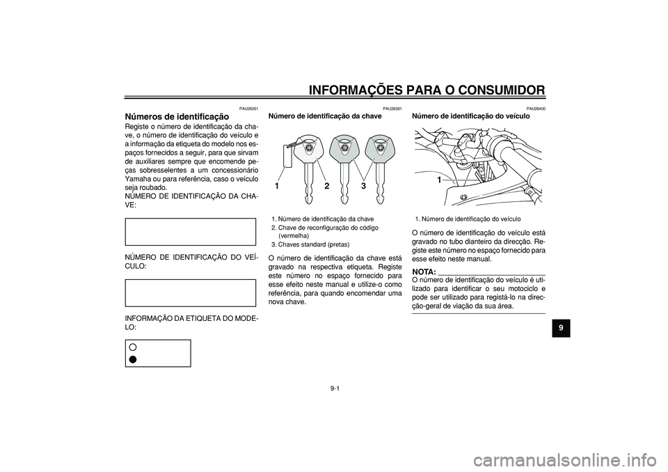 YAMAHA TDM 900 2005 Manual de utilização (in Portuguese)
9-1
2
3
4
5
6
7
8
9
INFORMAÇÕES PARA O CONSUMIDOR
PAU26351
Números de identificação
Registe o número de identificação da cha-
ve, o número de identificação do veículo e
a informa YAMAHA TDM 900 2005 Manual de utilização (in Portuguese)
9-1
2
3
4
5
6
7
8
9
INFORMAÇÕES PARA O CONSUMIDOR
PAU26351
Números de identificação
Registe o número de identificação da cha-
ve, o número de identificação do veículo e
a informa