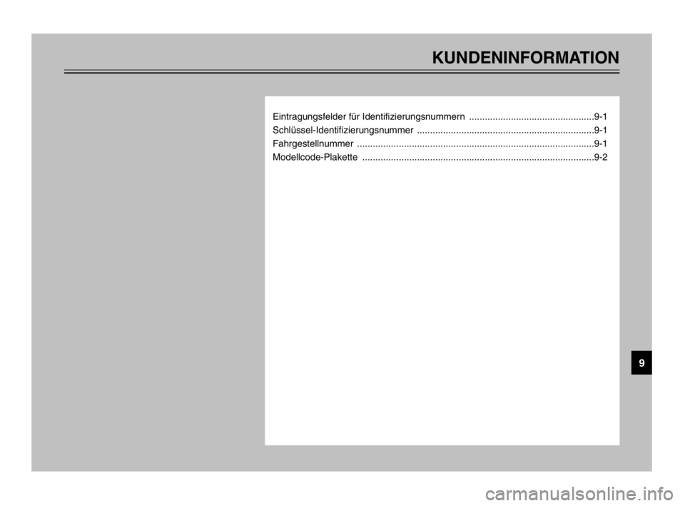 YAMAHA TDM 900 2003  Betriebsanleitungen (in German) KUNDENINFORMATION
Eintragungsfelder für Identifizierungsnummern  ................................................9-1
Schlüssel-Identifizierungsnummer ................................................