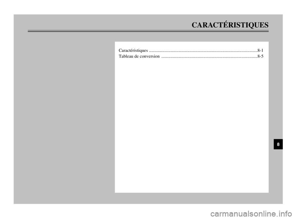 YAMAHA TDM 900 2003  Notices Demploi (in French) CARACTÉRISTIQUES
Caractéristiques ................................................................................................8-1
Tableau de conversion  .........................................