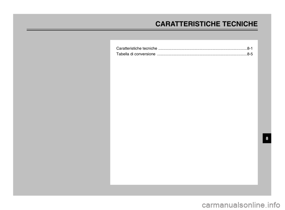 YAMAHA TDM 900 2003  Manuale duso (in Italian) CARATTERISTICHE TECNICHE
Caratteristiche tecniche ..................................................................................8-1
Tabella di conversione  ........................................