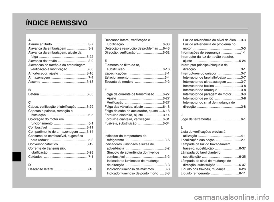 YAMAHA TDM 900 2003  Manual de utilização (in Portuguese) ÍNDICE REMISSIVO
Descanso lateral, verificação e 
lubrificação .........................................6-30
Detecção e resolução de problemas  ....6-43
Direcção, verificação ............