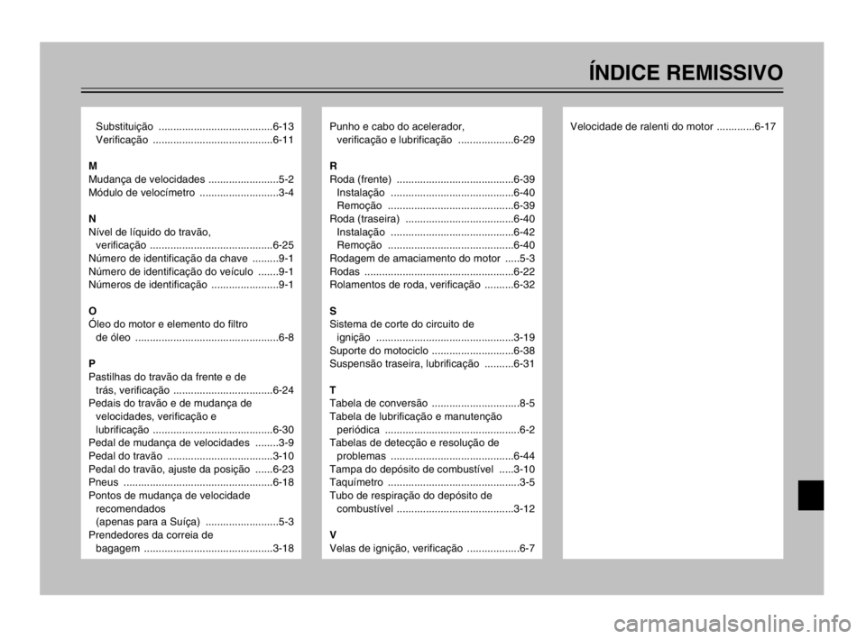 YAMAHA TDM 900 2003  Manual de utilização (in Portuguese) Substituição .......................................6-13
Verificação .........................................6-11
M
Mudança de velocidades ........................5-2
Módulo de velocímetro ...