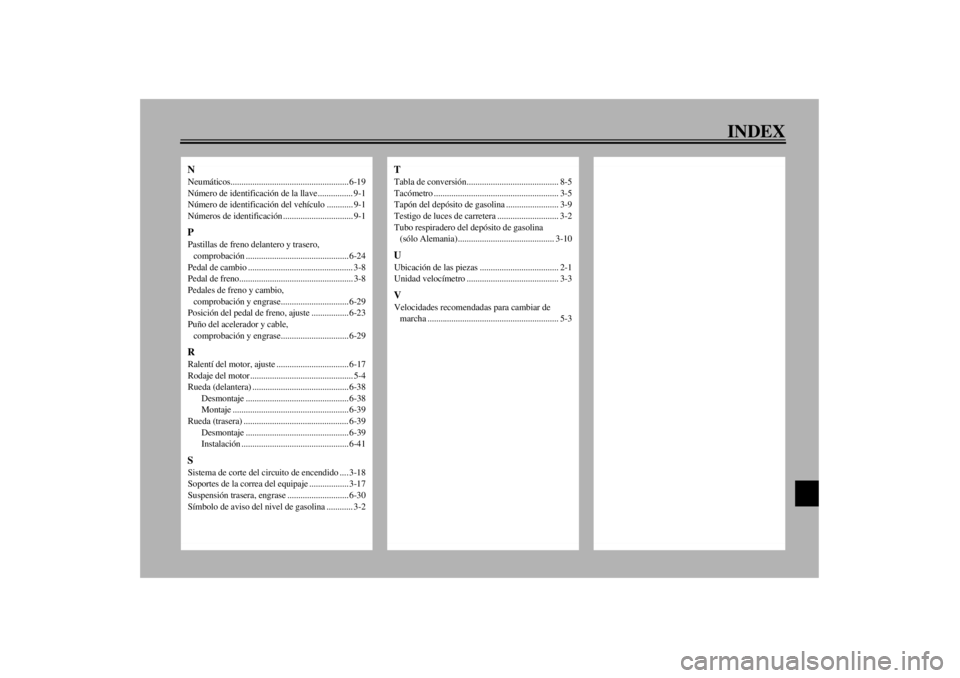 YAMAHA TDM 900 2002  Manuale de Empleo (in Spanish) INDEX
NNeumáticos...................................................... 6-19
Número de identificación de la llave ................ 9-1
Número de identificación del vehículo ............ 9-1
Núm