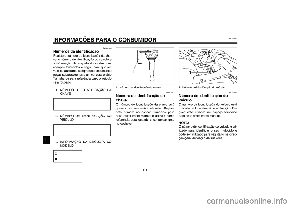 YAMAHA TDM 900 2002  Manual de utilização (in Portuguese) 9-1
9
PAU01039
9-INFORMAÇÕES PARA O CONSUMIDOR
PAU02944
Números de identificação Registe o número de identificação da cha-
ve, o número de identificação do veículo e
a informação da etiq
