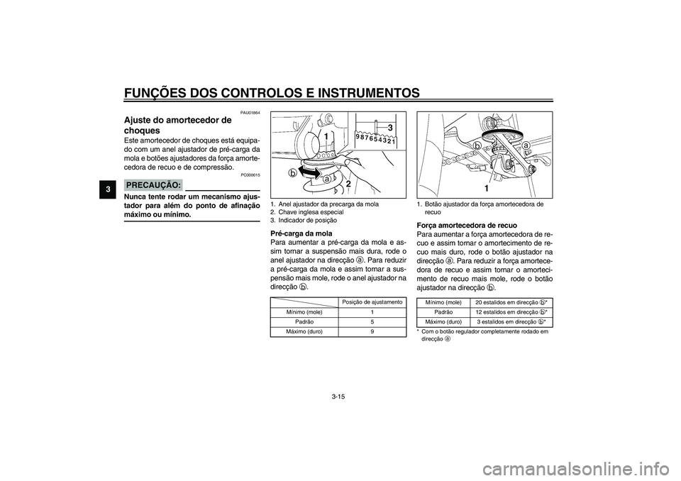 YAMAHA TDM 900 2002 Manual de utilização (in Portuguese) FUNÇÕES DOS CONTROLOS E INSTRUMENTOS
3-15
3
PAU01864
Ajuste do amortecedor de
choques Este amortecedor de choques está equipa-
do com um anel ajustador de pré-carga da
mola e botões ajustadores YAMAHA TDM 900 2002 Manual de utilização (in Portuguese) FUNÇÕES DOS CONTROLOS E INSTRUMENTOS
3-15
3
PAU01864
Ajuste do amortecedor de
choques Este amortecedor de choques está equipa-
do com um anel ajustador de pré-carga da
mola e botões ajustadores