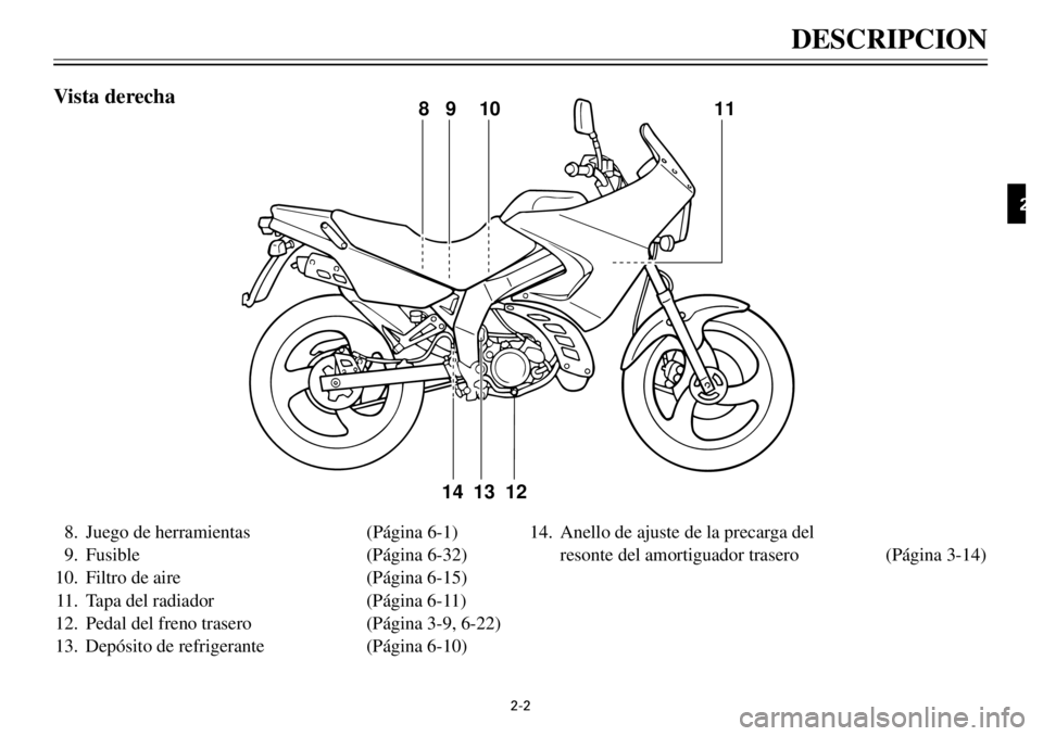 YAMAHA TDR 125 2000  Notices Demploi (in French) DESCRIPCION
12
3
4
5
6
7
8
9
2-2
8.Juego de herramientas(P‡gina 6-1)
9.Fusible(P‡gina 6-32)
10.Filtro de aire(P‡gina 6-15)
11.Tapa del radiador(P‡gina 6-11)
12.Pedal del freno trasero(P‡gina