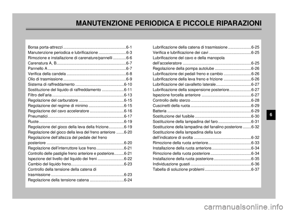 YAMAHA TDR 125 2000 Manuale duso (in Italian) MANUTENZIONE PERIODICA E PICCOLE RIPARAZIONI
Borsa porta-attrezzi .........................................................6-1
Manutenzione periodica e lubrificazione .........................6-3
Rimo YAMAHA TDR 125 2000 Manuale duso (in Italian) MANUTENZIONE PERIODICA E PICCOLE RIPARAZIONI
Borsa porta-attrezzi .........................................................6-1
Manutenzione periodica e lubrificazione .........................6-3
Rimo