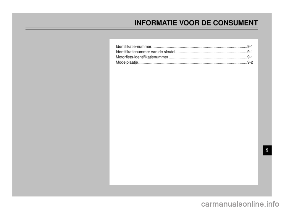 YAMAHA TDR 125 2000  Instructieboekje (in Dutch) 9
INFORMATIE VOOR DE CONSUMENT
Identifikatie-nummer........................................................................................9-1
Identifikatienummer van de sleutel.......................