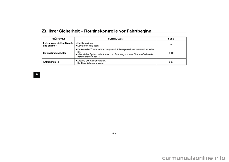 YAMAHA TMAX 2020  Betriebsanleitungen (in German) Zu Ihrer Sicherheit – Routinekontrolle vor Fahrt beg inn
6-3
6
Instrumente, Lichter,  Sig nale 
un d S chalter • Funktion prüfen.
• Korrigieren, falls nötig.
—
S eitenstän derschalter  • 