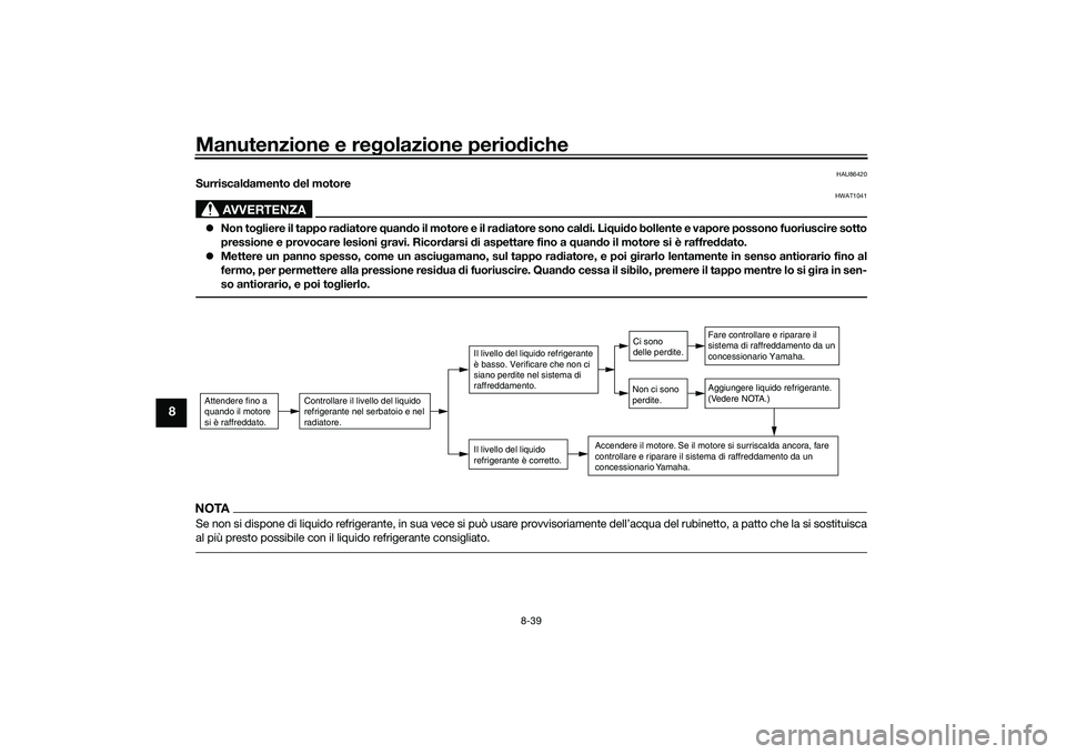 YAMAHA TMAX 2020  Manuale duso (in Italian) Manutenzione e regolazione perio diche
8-39
8
HAU86420
Surriscal damento  del motore
AVVERTENZA
HWAT1041
 Non to gliere il tappo rad iatore quand o il motore e il ra diatore sono cal di. Li qui do 